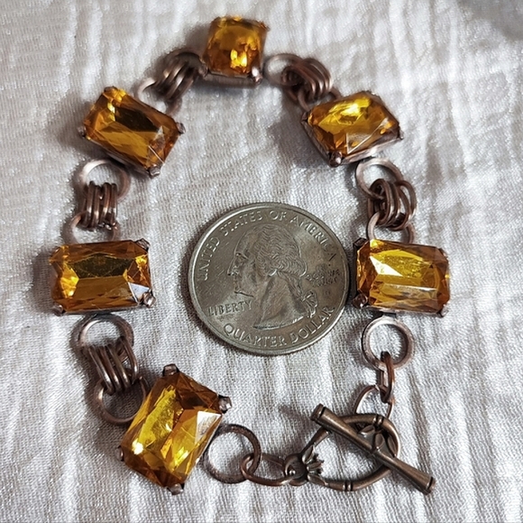 Vintage Link Bracelet Golden Honey Topaz Emerald Cut Stones Toggle Clasp - Picture 10 of 11